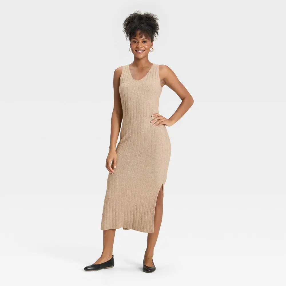 Universal Thread Women's Ribbed Maxi Sweater Dress - Solid Color, Sleeveless, V-Neckline, Side Slit, Midweight Fabric Blend, Polyester, Spandex