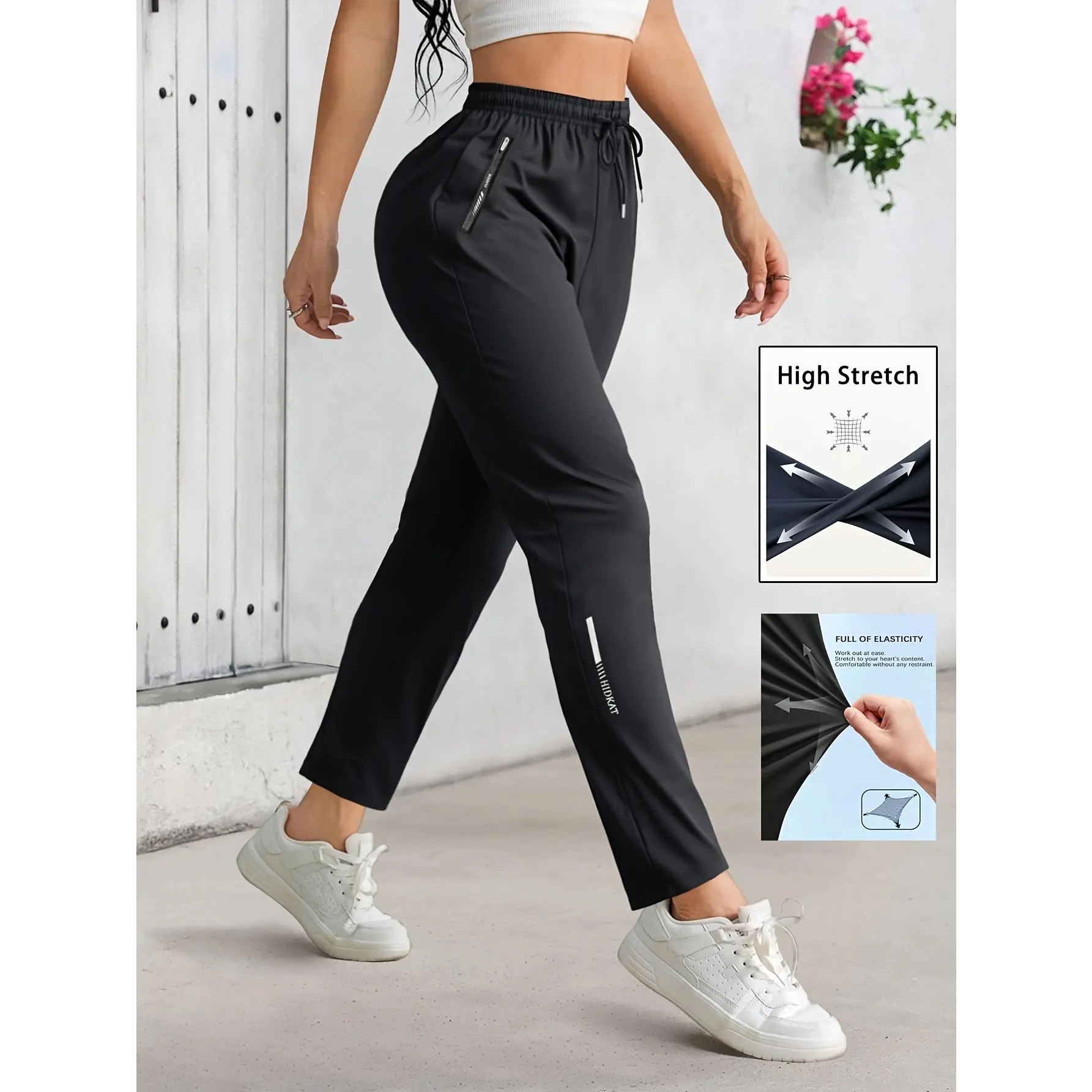 HIDKAT Women's Loose-Fit Solid Joggers, High-Elastic Breathable 9-Point Pants with Drawstring Waist and Zip Pockets for Gym, Yoga, Polypropylene