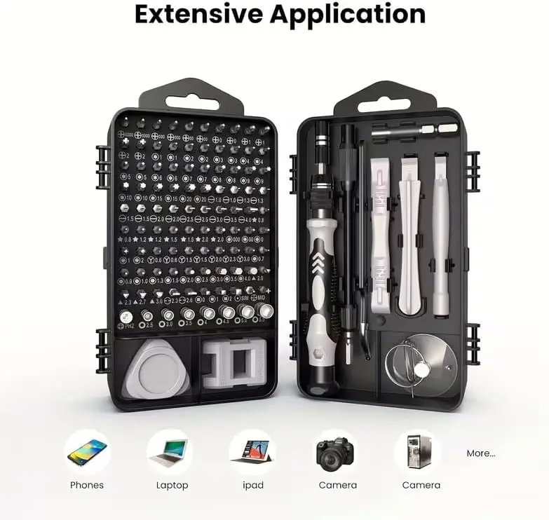 A comprehensive screwdriver kit with 115 tools, designed for versatility and high durability. This multifunctional disassembly kit includes irregular drill bits