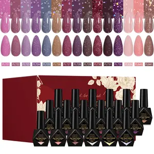 FOURLILY 18pcs Purple Pink Gel Nail Polish Set with Base & Top Coat - New Year/Valentine's Day Series, Soak Off LED/UV Gel Polish for Home Salon Manicures, Nail Art Kit, Daily Nails, Festival Nails, 12pcs Glitter Gel+3pcs Rubber Base Gel+3pcs Function Gel