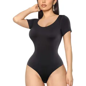 Irisnaya Bodysuit for Women Tummy Control Shapewear Thong Shaping Tank Top Round Neck Jumpsuits Short leeve T Shirts