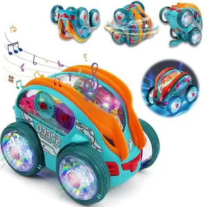 Transparent Luminous Gear-Powered Toy Car with Cool Lights Dynamic Music 360° Rotation Stunt Somersault Universal Movement Electric Vehicle – Ideal Christmas Easter Birthday Gift for Kids（Not included 3AA batteries）