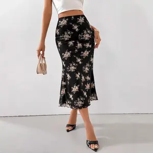 2026 Romantic Floral Mesh Midi Skirt for Women High Waisted Mermaid Skirt Vacation Outfit