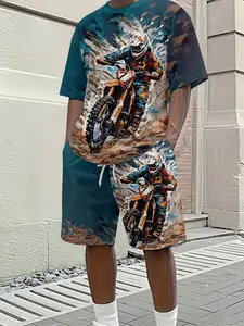 Men's Off-Road Motorcycle Rider Print T-Shirt and Shorts Set, Mountain Bike Pattern Casual, Summer Breathable Sports Wear