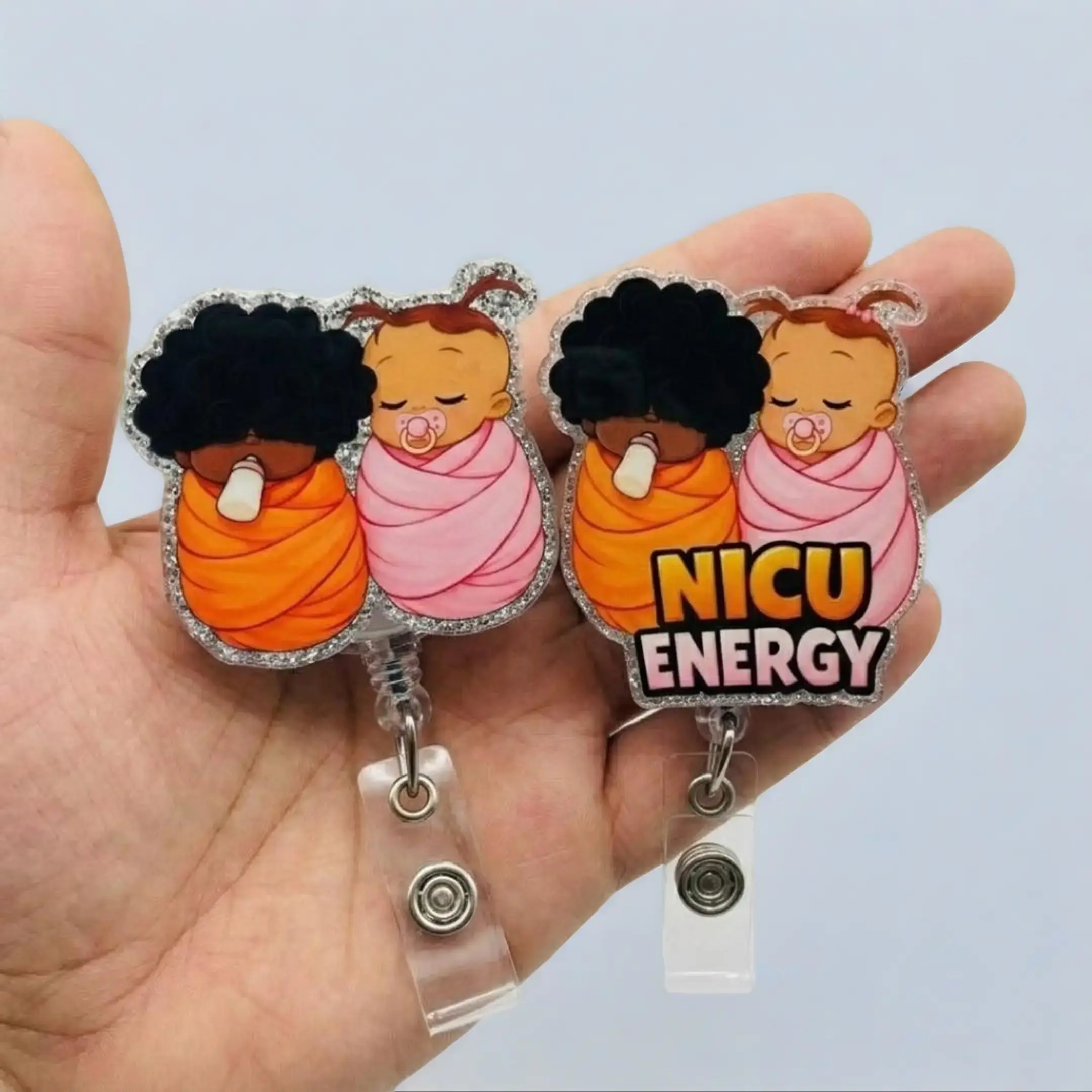 Funny NICU Energy Sparkly Retractable Badge Reel Cute Acrylic ID Holder For Neonatal Intensive Care Unit Nurse RN LPN Medical Accessory
