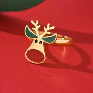 Stainless Steel Cute Christmas Deer Open Ring, Fashion Costume Jewelry Accessory, Ideal Christmas Gift for Daily Wear