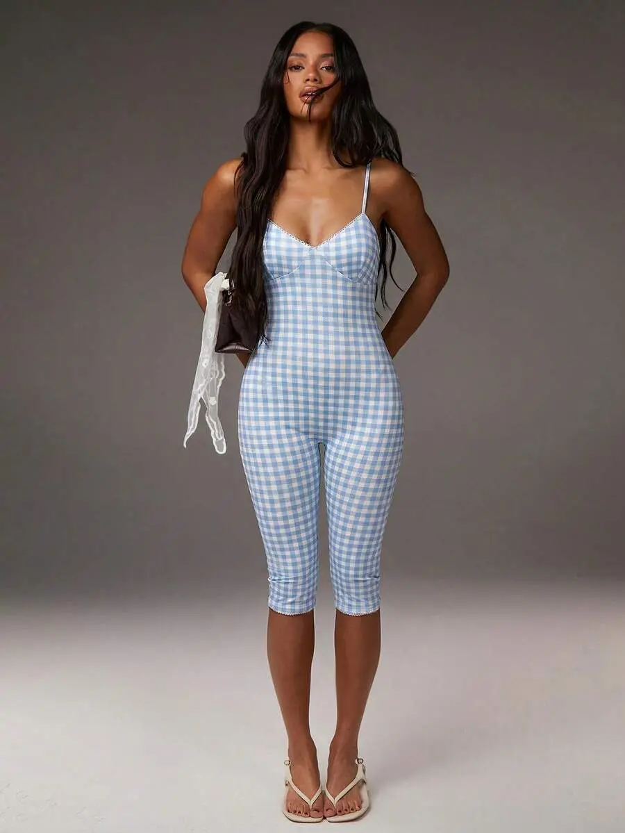 Athîral Women's Plaid Print Fitted Sexy Jumpsuit