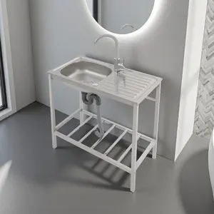 CNCEST Freestanding Kitchen Sink with Rotating Faucet Stainless Steel 13.7" Basin 66lb Capacity & Storage Shelf for Laundry Indoor/Outdoor Use