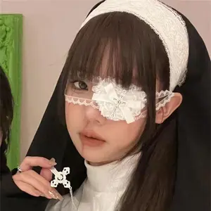 Punk Cross Eye Mask Women Lolita Cosplay Eye Patch Gothic Halloween Heart Bow Lace Eyewear Accessories Xmas Gifts