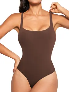 Women's V Neck Tank Top Bodysuits - Brown Double Lined Sleeveless Backless Slimming Bodysuits with High-Cut Leg Opening & Invisible Thong Back