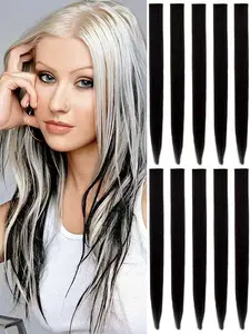 10 Pcs Colored Party Highlights Clip on in Hair Extensions For Women Multi-Colors Hair Streak Synthetic Soft Hairpieces