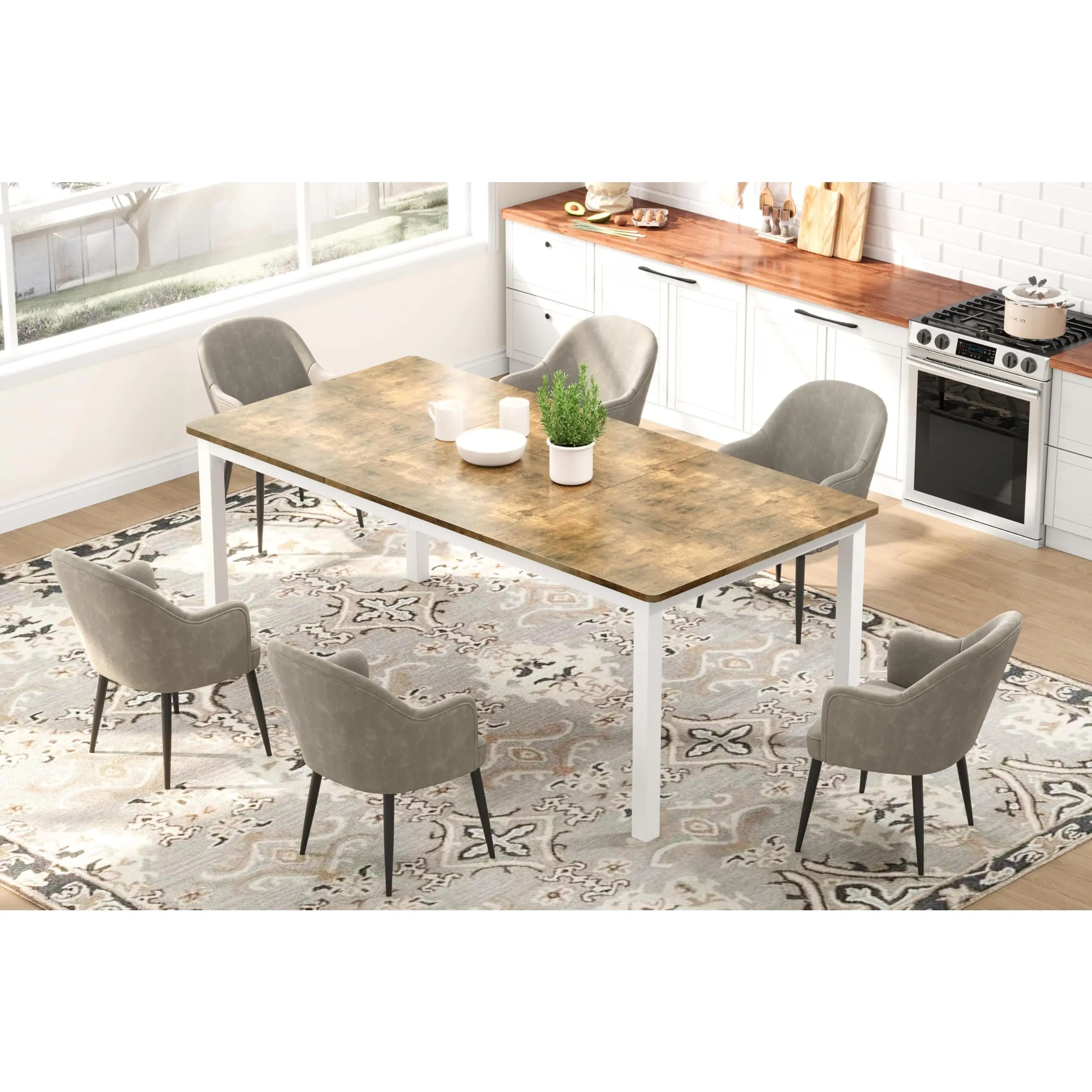 Garvee 78.7 in Long Dining Table for 6-8 People, Large Rectangle Kitchen Table with Sturdy Metal Legs, Modern Industrial Style, Rounded Corners, Brown and White Finish