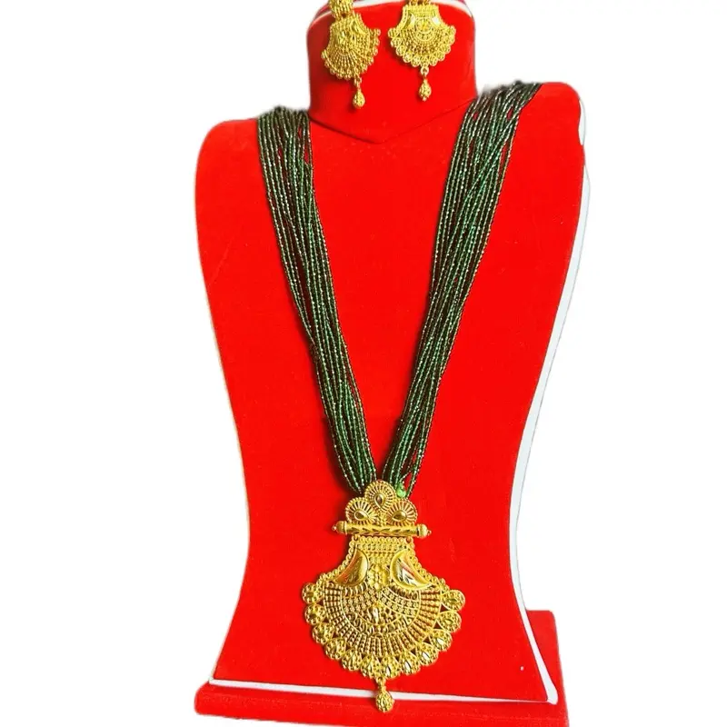 Women's Hydro Potey Pendant & Beads Necklace Set with Drop Earrings, Elegant Green/Red Beaded Female Gold Costume Jewelry Set, Necklaces Set, Pendant Jewelry Set