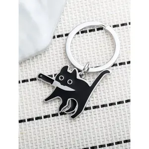 Unisex Cute Cartoon Cat Design Keychain, Animal Theme Keychain, Cartoon Animation Keychain, Fashionable Stainless Steel Charms Keychain, Travel Accessories, Keychains for Men, Halloween