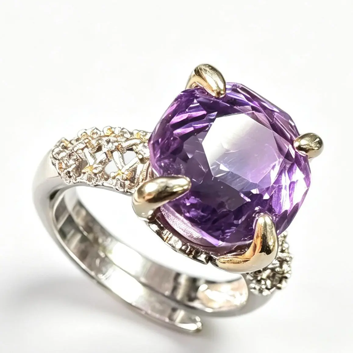 12×12mm Cushion Cut Amethyst Two-Tone Ring 925 Sterling Silver Adjustable | Natural Amethyst CZ Vintage Statement Ring