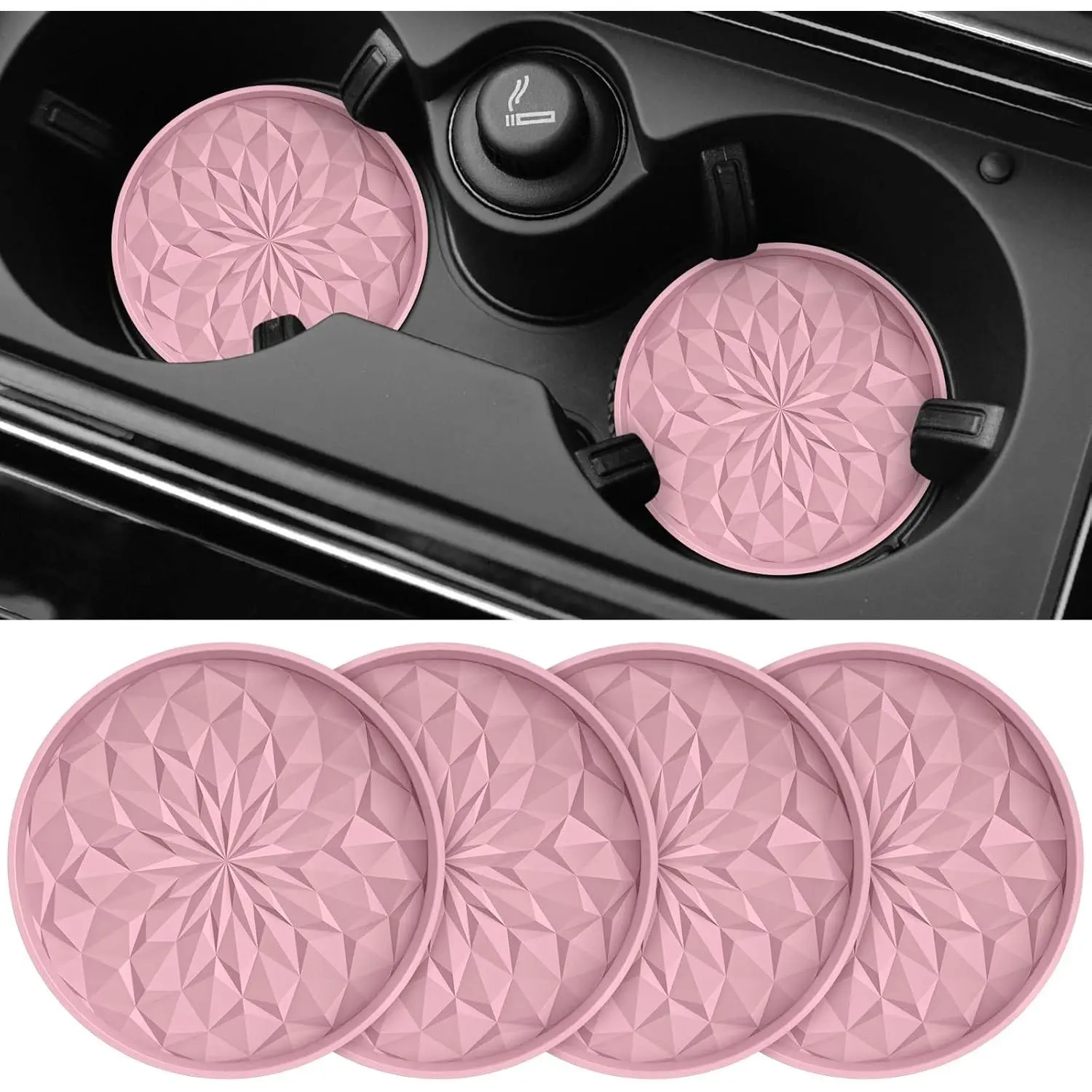 Car Cup Holder Coasters [4 Pack] - 2.75in Non-Slip Recessed Auto Mug Mats, Universal Car Accessories, Dusty Rose