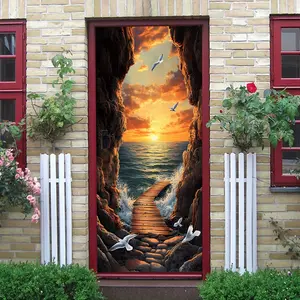 2pcs   This stereoscopic wall sticker features a seaside cave sunrise theme, presenting a realistic sea view through high-definition printing technology. A wooden plank road extends to the sea leve Vinyl Wall Stickers