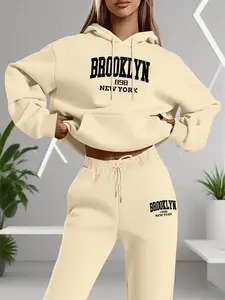 Women's Long Sleeve Hooded Fitted Sweatshirt Set with Pockets, Casual Letter Print Jogger Pants, Spring & Fall Fashion