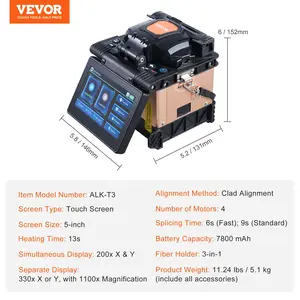 VEVOR Fiber Fusion Splicer 4 Motors, Clad Alignment Fiber Optic Splicer 6s Splicing 13s Heating, Fiber Splicer Machine with 5 Touch Screen, 3 in 1 Fiber Holder, 7800mAh Battery for SM MM DS NZDS