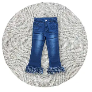 Baby Girls Cowgirls Navy Bleached Elastic Waistband Stretchy Fringe Denim Jeans Pants Trousers