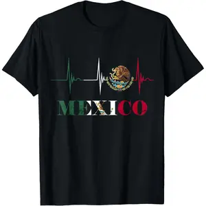 Men's Pure Cotton Casual Letter Print T-Shirt - Heartbeat EKG Pulse, Mexico Emblem, Mexico Flag, Mexican Pride Graphic Top, Gift for Men