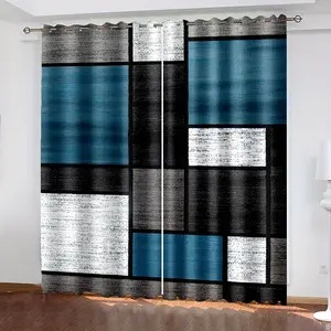 2 Pieces, Geometric Blue and Gray Plaid Design Digital Printed Living Room Curtains, 12 Hole Curtains Living Room Furniture Decoration