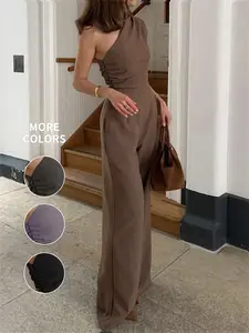 Women's One-Shoulder Asymmetrical Sleeveless Fitted Waist Wide-Leg Jumpsuit, Casual Commute Style for Summer, Lightweight Woven Fabric Womenswear