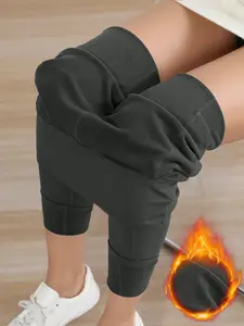 Women's Outdoor Casual Fleece Lined Leggings, Thick Breathable High Waist Warm Yoga Pants, Fall & Winter Tight-Fit Plain Style, High Waisted Athletic, Athleisure Style Bottoms