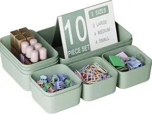 Green Plastic Drawer Organizer Set, 10 Storage Bins for Vanity & Bathroom, Modular Tray Inserts for Makeup, Kitchen Tools, Desk Supplies, Home Organization