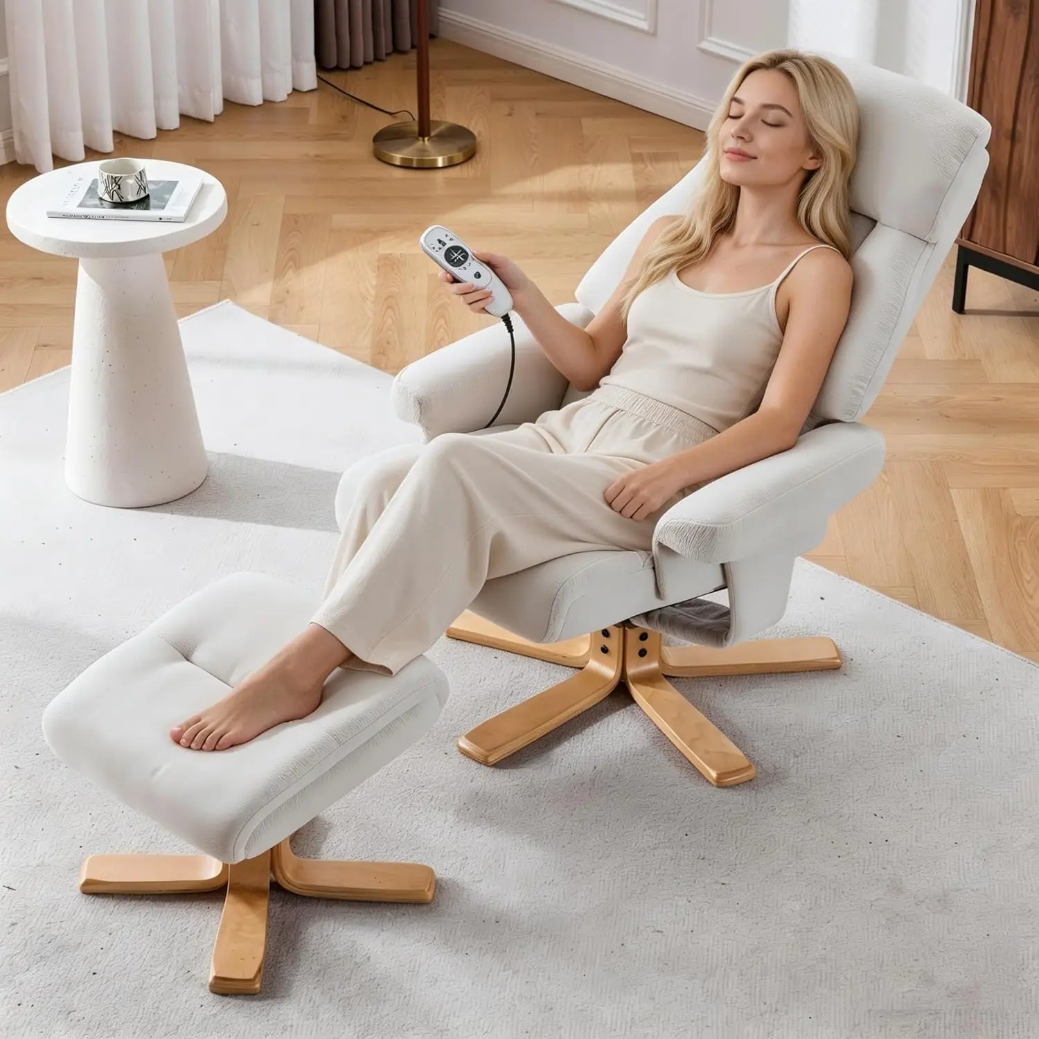 360° Swivel Upholstered Recliner with Ottoman, Ergonomic Recliner Chair with 4-Modes Heated Massage Function, Adjustable Backrest, Ergonomic Comfort for Living Room, Apartment (Beige)