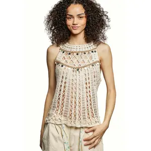 POL Halter Neck Sleeveless Crochet Top with Seashell & Mirror Dangle Trim