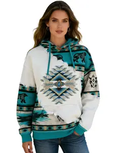 Women's Casual Long Sleeve Hooded Sweatshirt with Ethnic Aztec Geometric Print Patchwork Design, Drawstring Hood, Kangaroo Pocket, Soft Fleece Lined Pullover Top for All Seasons