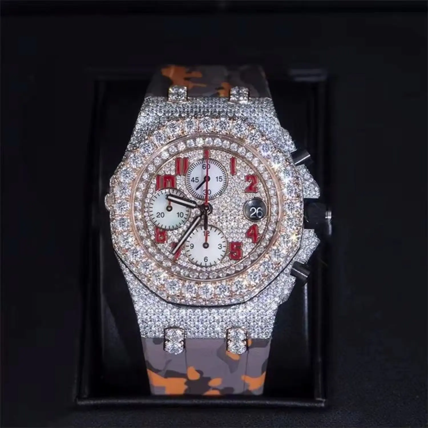 Moissanite Glass Dial Rubber Band Men's Watch