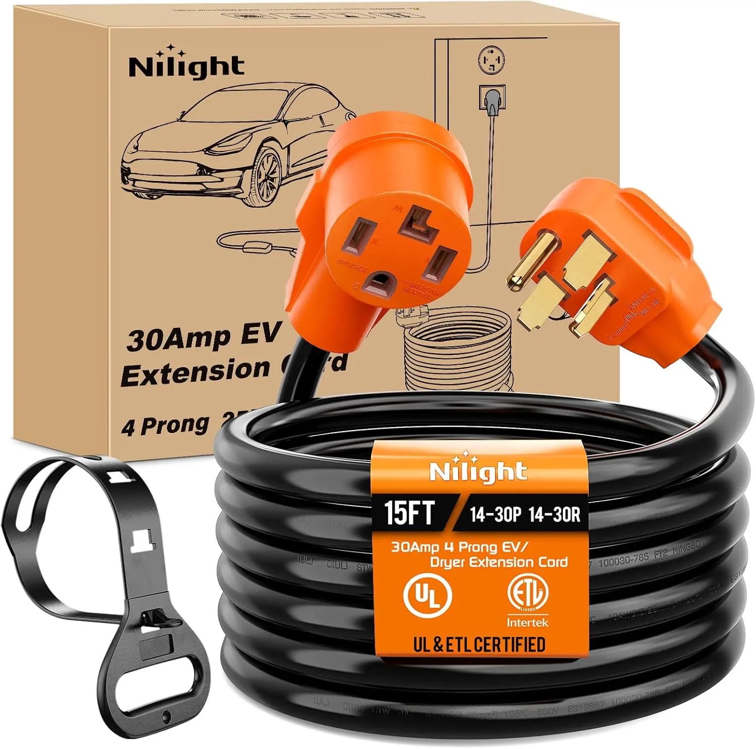 "Nilight 15FT EV Dryer Extension Cord 4 Prong 30 Amp NEMA 14-30P 14-30R Old Cable Heavy Duty 10 Gauge Pure Copper Wire UL Listed 125/250V for Level 2 Using Visit the Nilight Store"