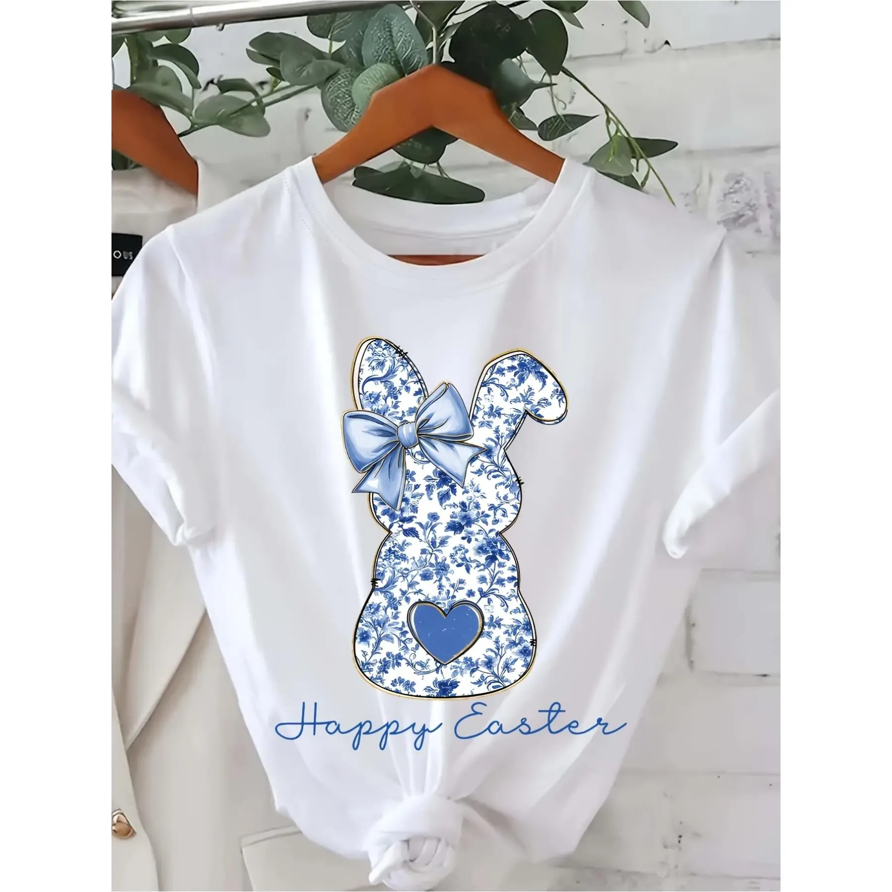 Short-Sleeved T-Shirt - Blue And White Rabbit| Trendy Easter Top, Casual Style, Slight Stretch Fabric, Perfect for Spring and Summer