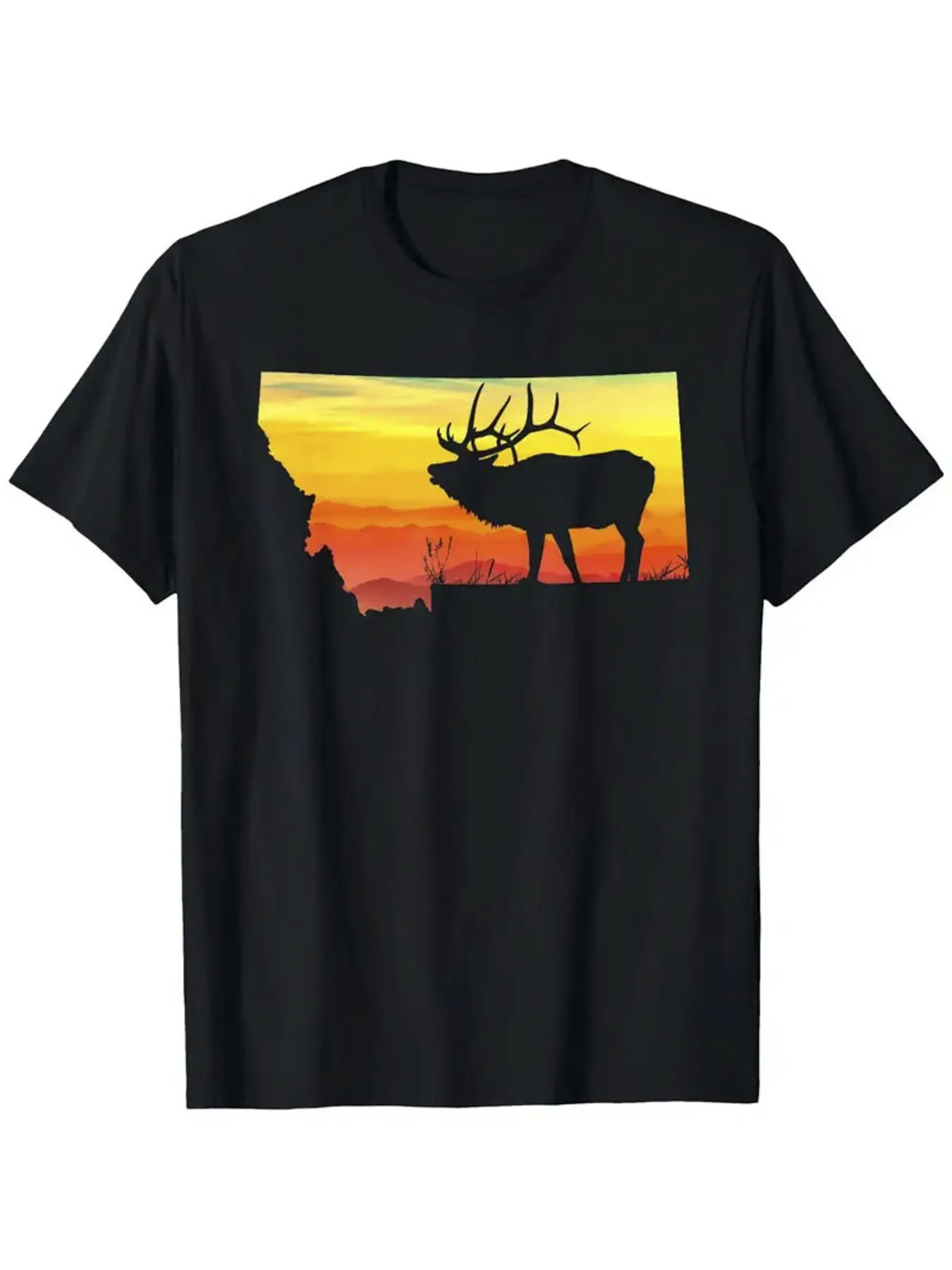 Men'S Vintage Western T-Shirt - Tee with Elk & Montana Sunset Design - Shirt for Cowboy, Camping