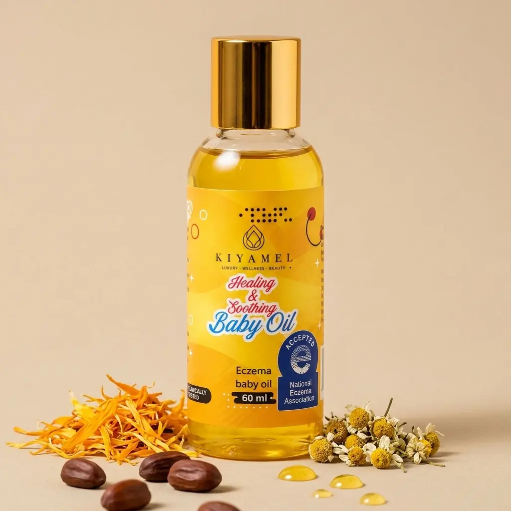 Kiyamel Healing & Soothing Baby Body Oil - Argan-Infused, Hydrating, Smooth Body Care for Eczema Relief, Calming Dry Itchy Irritated Skin - 60ml Single Item