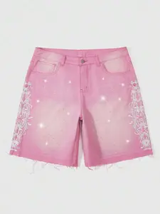 New Summer Arrival: Men's Casual Streetwear Denim Shorts — Loose-Fit, Versatile, Pink, Featuring Floral Embroidery and Pockets Tropical
