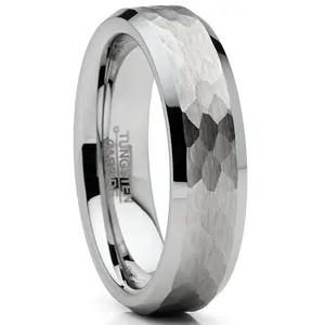 Mens Tungsten Ring Hammered Wedding Band Silvertone Comfort-fit 6MM 8MM