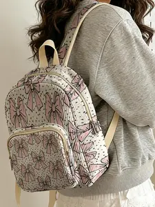 1 piece of pink bow pattern 2D printed lady's backpack, velvet texture + layered storage + light weight reduction | perfect for students to go to class/shopping/short trips | combines atmosphere with practicality