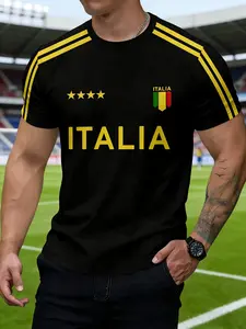 Italia Football Memorial T-Shirt, Summer Sports Breathable Short Sleeve Jersey, Sporty Fitted All over Print, Casual Wear