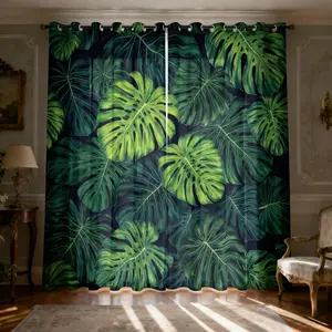 Tropical Plant Bamboo Pattern Print Light Filtering Curtains, Sheer Curtains 84'' Length 2 Panels,Semi-Transparent Sunshade for Teen Girls Boys Bedroom Living Room Dining