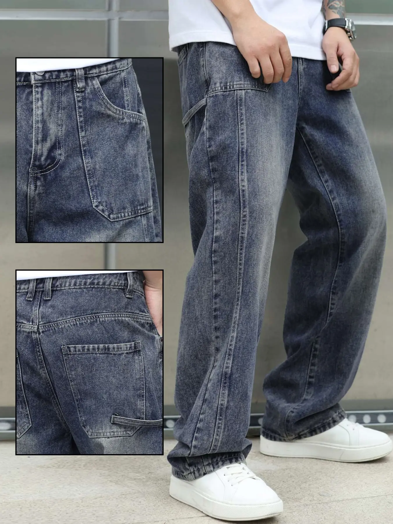 Men's Vintage Blue Washed Denim Jeans, Loose Fit Baggy Wide Leg Jeans, Vintage Inspired Jeans, Patchwork American Style Pockets, Casual Trendy Hipster Aesthetic Streetwear Trousers, Pants
