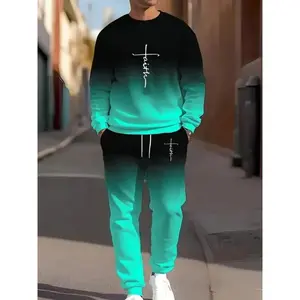 Men's Fall Winter Casual Letter Gradient Round Neck Sweatshirt Set, Fashion Sporty Two-Piece, Modern Simple Trendy Design, Sweatsuit Matching Set