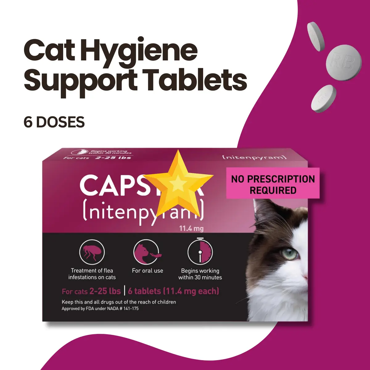 Cat Hygiene Support Tablets for Cats 2–25 lbs, Easy Daily Pet Care Supplement for Coat Comfort and Grooming Routine, Multi Tablet Pack