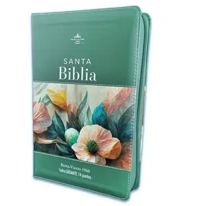 Bible in Spanish for Women with Zipper 14 point Giant Font Reina Valera 1960 Imitation Leather Floral Green with Index and Floral Spine