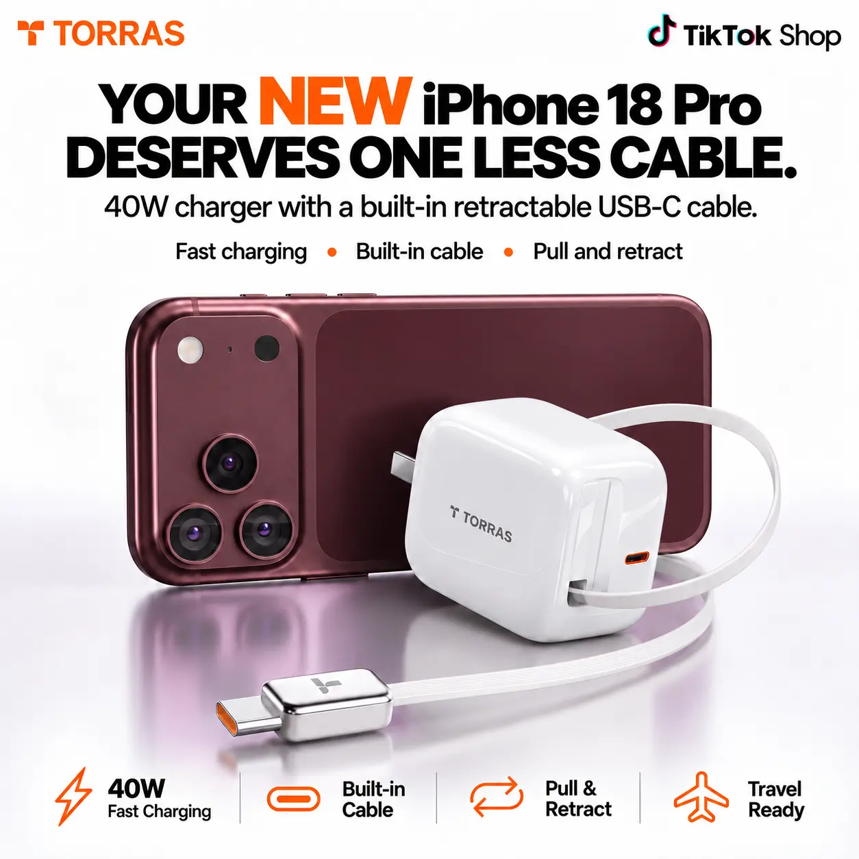 TORRAS 40W USB-C Charger, 28" Retractable Cable, Dual-Port GaN, Foldable Plug, Charging Duo for New iPhone 18/17/16/15, MacBook Air & AirPods, Cargador USB C de Pared, Carga Rápida, Cable Retráctil, Enchufe Plegable, Compacto, Doble Puerto