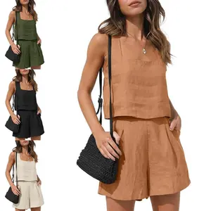 New Women's 2-piece Casual Set Linen Shorts Sleeveless Top Vest