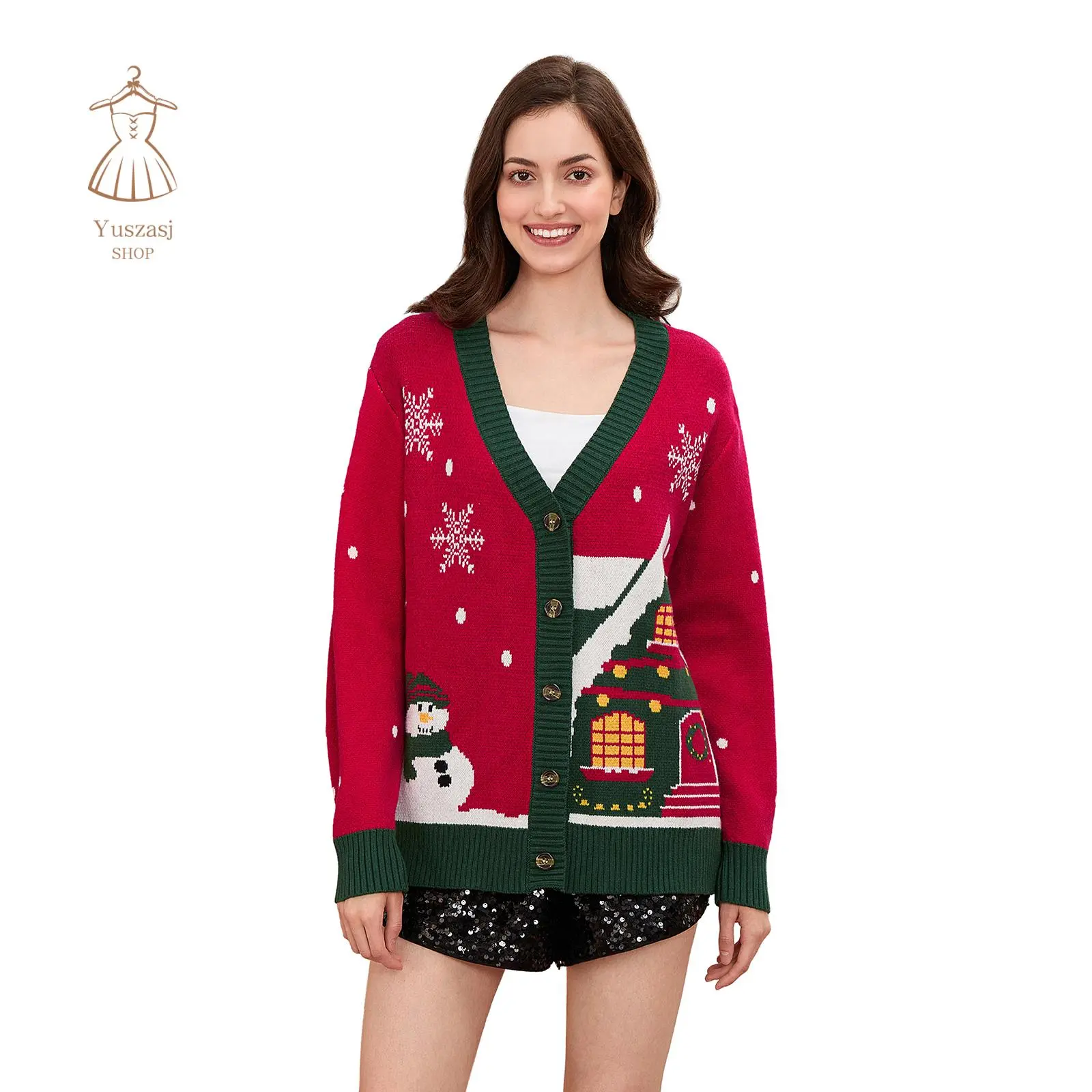 Womens Christmas Cardigan Snowman Snowflake V Neck Button Down Long Sleeve Knit Sweater Holiday Streetwear
