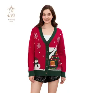 Womens Christmas Cardigan Snowman Snowflake V Neck Button Down Long Sleeve Knit Sweater Holiday Streetwear